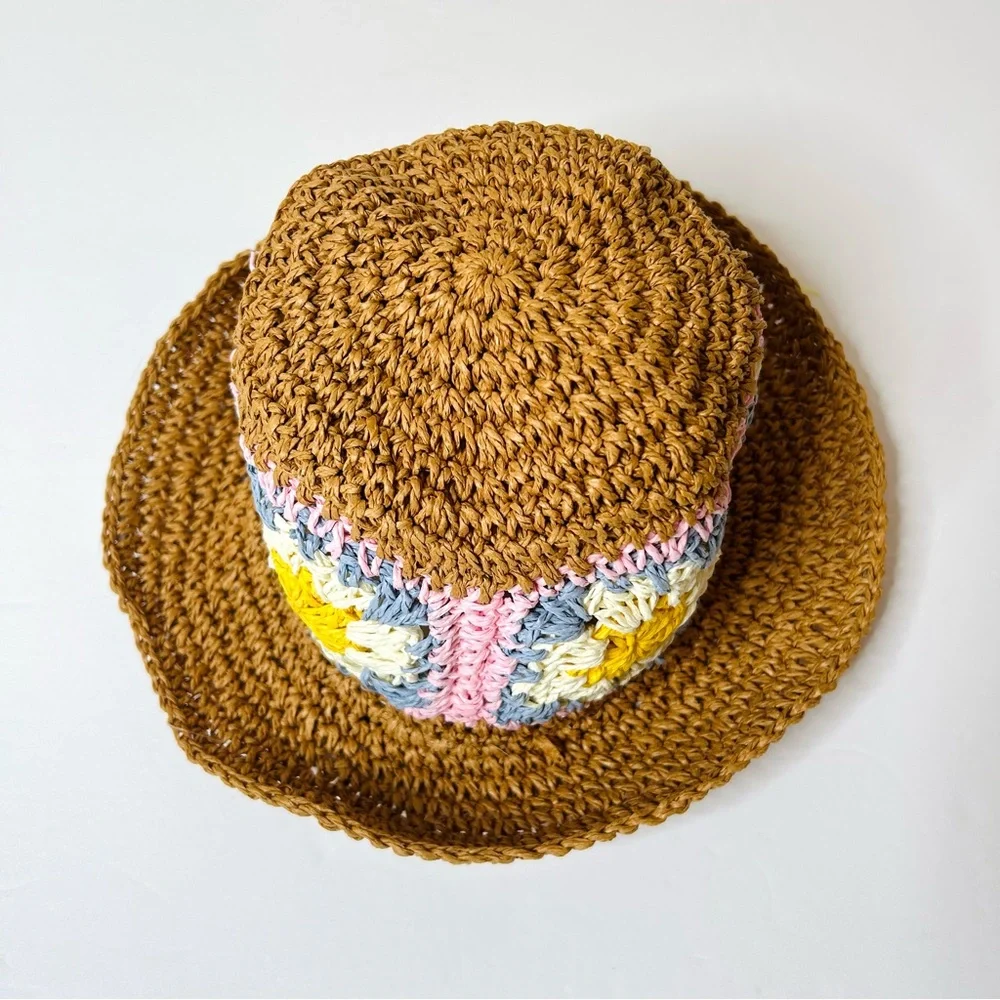 NWT DAVID and YOUNG Crochet Granny Square Straw Bucket Hat - Picture 2 of 14